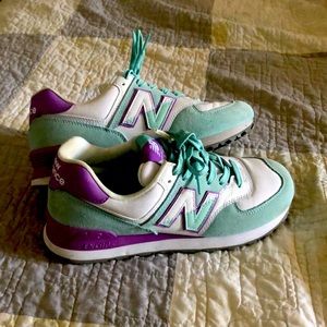 New Balance 574 Teal, White and Purple.